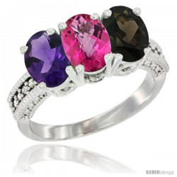 10K White Gold Natural Amethyst, Pink Topaz & Smoky Topaz Ring 3-Stone Oval 7x5 mm Diamond Accent