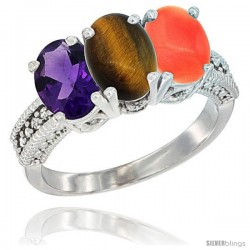 14K White Gold Natural Amethyst, Tiger Eye & Coral Ring 3-Stone 7x5 mm Oval Diamond Accent