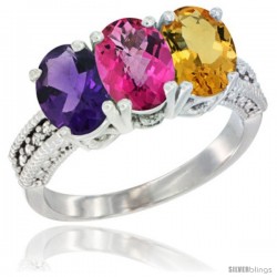 10K White Gold Natural Amethyst, Pink Topaz & Citrine Ring 3-Stone Oval 7x5 mm Diamond Accent