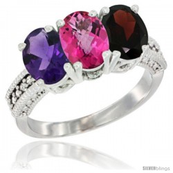 10K White Gold Natural Amethyst, Pink Topaz & Garnet Ring 3-Stone Oval 7x5 mm Diamond Accent