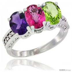 10K White Gold Natural Amethyst, Pink Topaz & Peridot Ring 3-Stone Oval 7x5 mm Diamond Accent