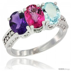 10K White Gold Natural Amethyst, Pink Topaz & Aquamarine Ring 3-Stone Oval 7x5 mm Diamond Accent