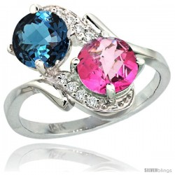 14k White Gold ( 7 mm ) Double Stone Engagement London Blue & Pink Topaz Ring w/ 0.05 Carat Brilliant Cut Diamonds & 2.34