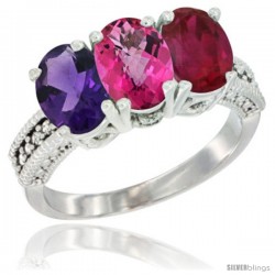 10K White Gold Natural Amethyst, Pink Topaz & Ruby Ring 3-Stone Oval 7x5 mm Diamond Accent