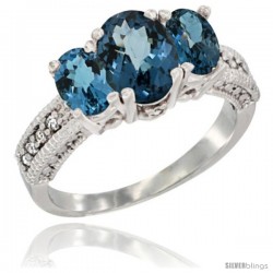 14k White Gold Ladies Oval Natural London Blue Topaz 3-Stone Ring Diamond Accent