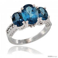 14K White Gold Ladies 3-Stone Oval Natural London Blue Topaz Ring Diamond Accent