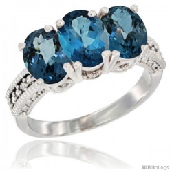 14K White Gold Natural London Blue Topaz & Ring 3-Stone 7x5 mm Oval Diamond Accent