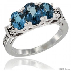 14K White Gold Natural London Blue Topaz Ring 3-Stone Oval with Diamond Accent