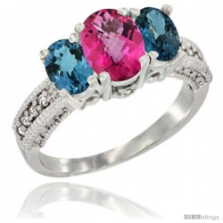 14k White Gold Ladies Oval Natural Pink Topaz 3-Stone Ring with London Blue Topaz Sides Diamond Accent