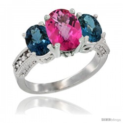 14K White Gold Ladies 3-Stone Oval Natural Pink Topaz Ring with London Blue Topaz Sides Diamond Accent