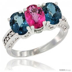 14K White Gold Natural Pink Topaz & London Blue Topaz Sides Ring 3-Stone 7x5 mm Oval Diamond Accent