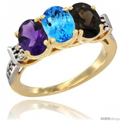 10K Yellow Gold Natural Amethyst, Swiss Blue Topaz & Smoky Topaz Ring 3-Stone Oval 7x5 mm Diamond Accent