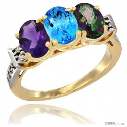 10K Yellow Gold Natural Amethyst, Swiss Blue Topaz & Mystic Topaz Ring 3-Stone Oval 7x5 mm Diamond Accent