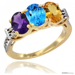 10K Yellow Gold Natural Amethyst, Swiss Blue Topaz & Citrine Ring 3-Stone Oval 7x5 mm Diamond Accent