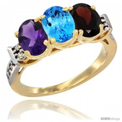 10K Yellow Gold Natural Amethyst, Swiss Blue Topaz & Garnet Ring 3-Stone Oval 7x5 mm Diamond Accent