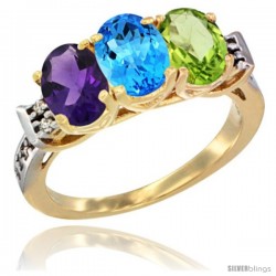 10K Yellow Gold Natural Amethyst, Swiss Blue Topaz & Peridot Ring 3-Stone Oval 7x5 mm Diamond Accent