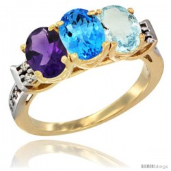 10K Yellow Gold Natural Amethyst, Swiss Blue Topaz & Aquamarine Ring 3-Stone Oval 7x5 mm Diamond Accent