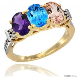 10K Yellow Gold Natural Amethyst, Swiss Blue Topaz & Morganite Ring 3-Stone Oval 7x5 mm Diamond Accent