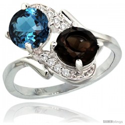 14k White Gold ( 7 mm ) Double Stone Engagement London Blue & Smoky Topaz Ring w/ 0.05 Carat Brilliant Cut Diamonds & 2.34