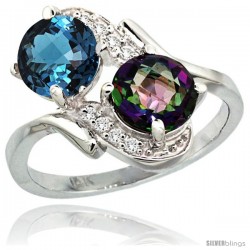 14k White Gold ( 7 mm ) Double Stone Engagement London Blue & Mystic Topaz Ring w/ 0.05 Carat Brilliant Cut Diamonds & 2.34