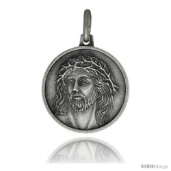 Sterling Silver Jesus with Crown of Thorns Medal, 3/4 in Round Made in Italy, Free 24 in Surgical Steel Chain