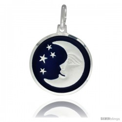 Sterling Silver Blue Enamel Moon & Star Pendant Made in Italy, 3/4 in Round Made in Italy, Free 24 in Surgical Steel Chain