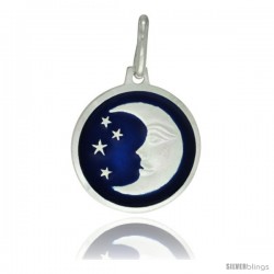 Sterling Silver Blue Enamel Moon & Star Pendant Made in Italy, 5/8 in Round Made in Italy, Free 24 in Surgical Steel Chain