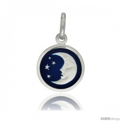 Sterling Silver Blue Enamel Moon & Star Pendant Made in Italy, 1/2 in Round Made in Italy, Free 24 in Surgical Steel Chain