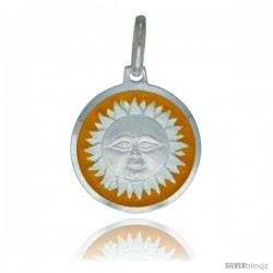 Sterling Silver Yellow Enameled Sun Medal 5/8 in Round Made in Italy, Free 24 in Surgical Steel Chain