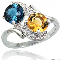 14k White Gold ( 7 mm ) Double Stone Engagement London Blue Topaz & Citrine Ring w/ 0.05 Carat Brilliant Cut Diamonds & 2.34