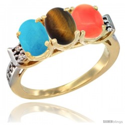 10K Yellow Gold Natural Turquoise, Tiger Eye & Coral Ring 3-Stone Oval 7x5 mm Diamond Accent