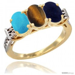 10K Yellow Gold Natural Turquoise, Tiger Eye & Lapis Ring 3-Stone Oval 7x5 mm Diamond Accent