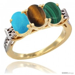 10K Yellow Gold Natural Turquoise, Tiger Eye & Malachite Ring 3-Stone Oval 7x5 mm Diamond Accent