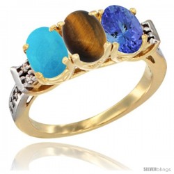 10K Yellow Gold Natural Turquoise, Tiger Eye & Tanzanite Ring 3-Stone Oval 7x5 mm Diamond Accent