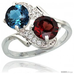 14k White Gold ( 7 mm ) Double Stone Engagement London Blue Topaz & Garnet Ring w/ 0.05 Carat Brilliant Cut Diamonds & 2.34