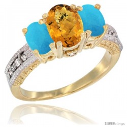 10K Yellow Gold Ladies Oval Natural Whisky Quartz 3-Stone Ring with Turquoise Sides Diamond Accent