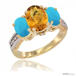 10K Yellow Gold Ladies 3-Stone Oval Natural Whisky Quartz Ring with Turquoise Sides Diamond Accent