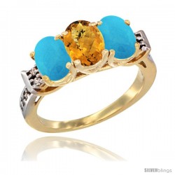 10K Yellow Gold Natural Whisky Quartz & Turquoise Sides Ring 3-Stone Oval 7x5 mm Diamond Accent