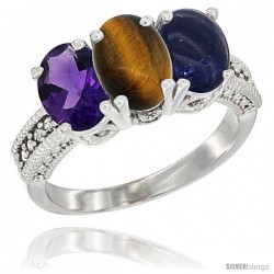 14K White Gold Natural Amethyst, Tiger Eye & Lapis Ring 3-Stone 7x5 mm Oval Diamond Accent