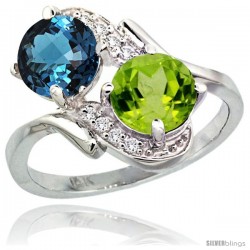 14k White Gold ( 7 mm ) Double Stone Engagement London Blue Topaz & Peridot Ring w/ 0.05 Carat Brilliant Cut Diamonds & 2.34