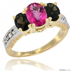 14k Yellow Gold Ladies Oval Natural Pink Topaz 3-Stone Ring with Smoky Topaz Sides Diamond Accent