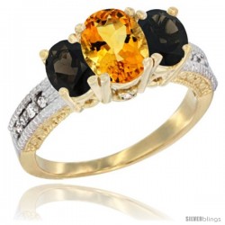 14k Yellow Gold Ladies Oval Natural Citrine 3-Stone Ring with Smoky Topaz Sides Diamond Accent