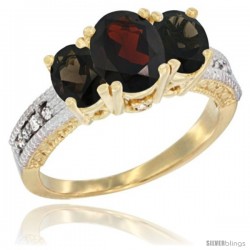 14k Yellow Gold Ladies Oval Natural Garnet 3-Stone Ring with Smoky Topaz Sides Diamond Accent