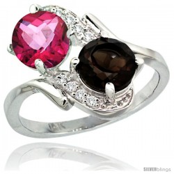 14k White Gold ( 7 mm ) Double Stone Engagement Pink & Smoky Topaz Ring w/ 0.05 Carat Brilliant Cut Diamonds & 2.34 Carats