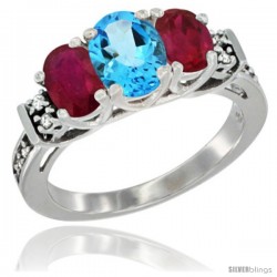 14K White Gold Natural Swiss Blue Topaz & Ruby Ring 3-Stone Oval with Diamond Accent