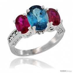 14K White Gold Ladies 3-Stone Oval Natural London Blue Topaz Ring with Ruby Sides Diamond Accent