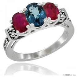 14K White Gold Natural London Blue Topaz & Ruby Ring 3-Stone Oval with Diamond Accent