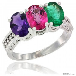 10K White Gold Natural Amethyst, Pink Topaz & Emerald Ring 3-Stone Oval 7x5 mm Diamond Accent