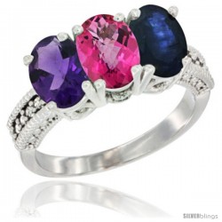 10K White Gold Natural Amethyst, Pink Topaz & Blue Sapphire Ring 3-Stone Oval 7x5 mm Diamond Accent