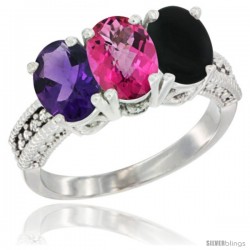 10K White Gold Natural Amethyst, Pink Topaz & Black Onyx Ring 3-Stone Oval 7x5 mm Diamond Accent